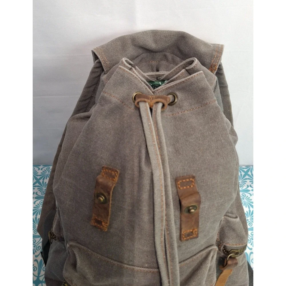 Canvas Leather Backpack Gray Brown Laptop Rucksack Fits 17” laptop